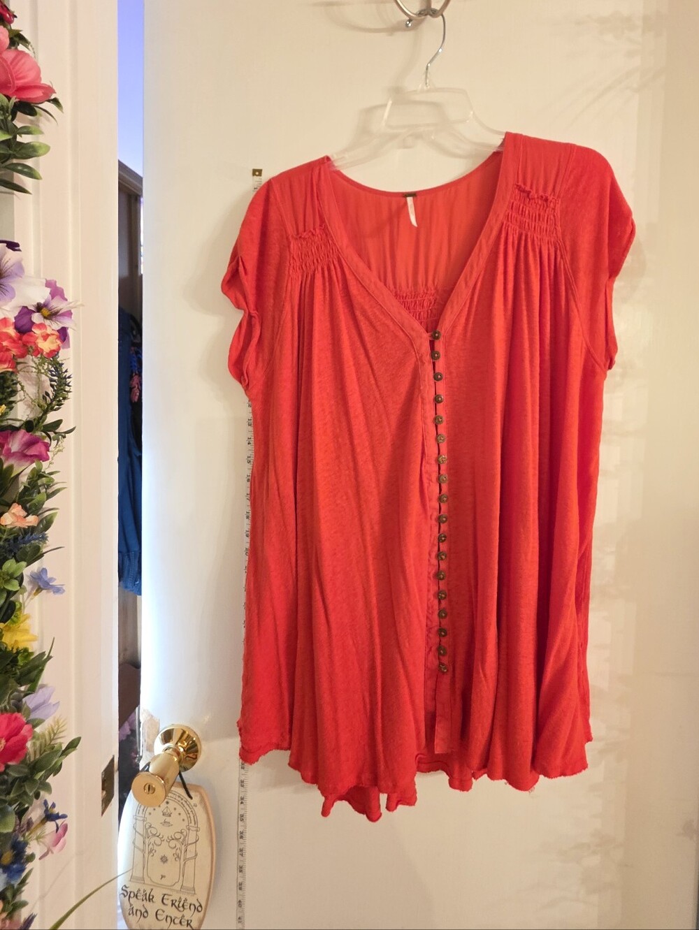 Free People Bright Red/Dark Orange Button-Front Flowing Tunic